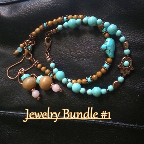 Jewelry Bundle #1: Tan, Copper, Aqua +Turquoise! 2 Slim Bracelets + Earrings - Picture 1 of 13